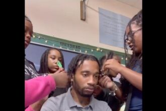 students unbraiding teachers hair